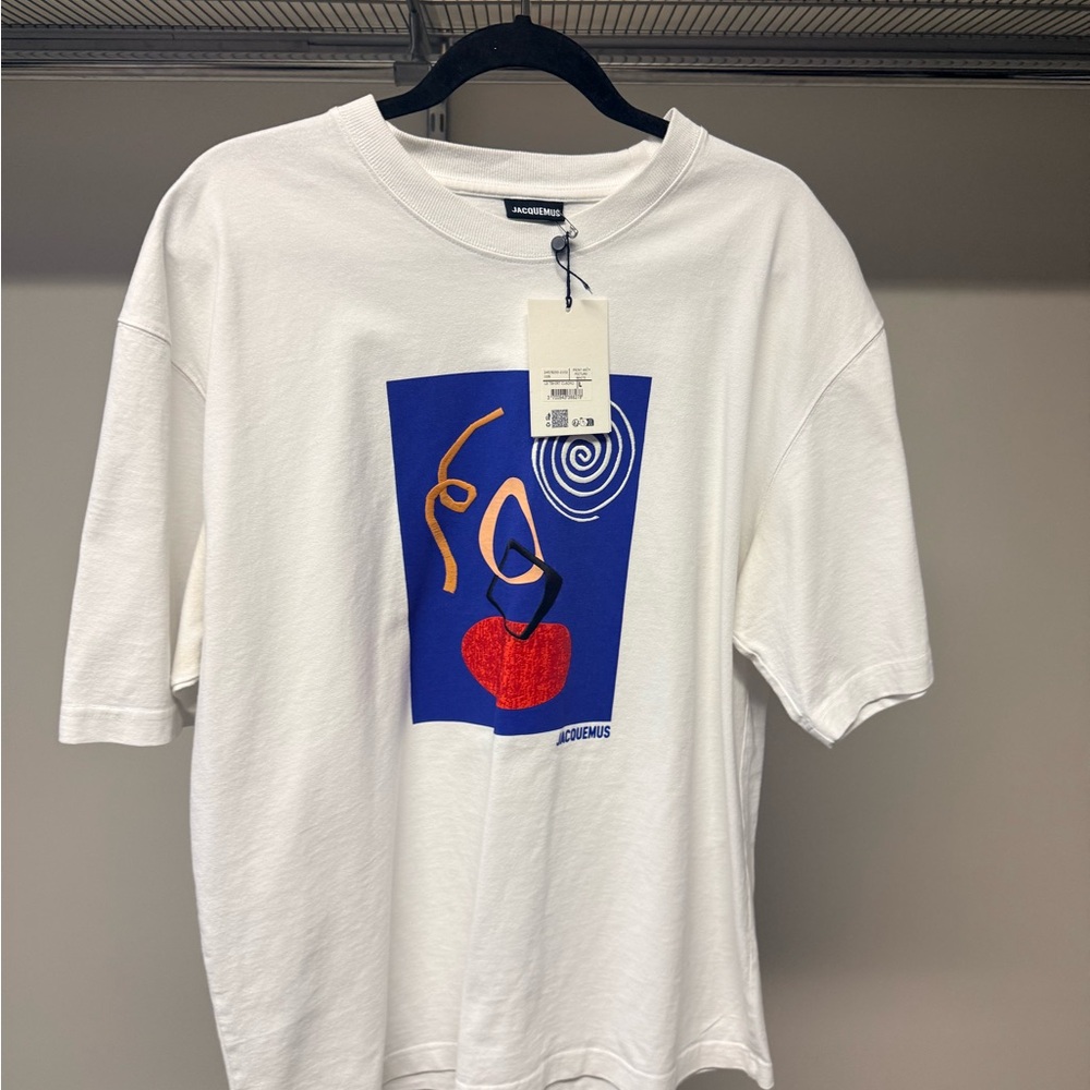 Jacquemus White Tee with Blue and Red Abstract Design
